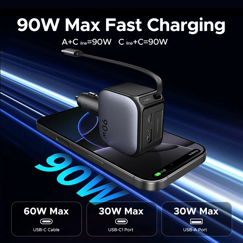 UGREEN USB Type-C Car Charger PD145W 90W 60W Retractable Cable PD SCP AFC PPS Fast Charging For Tablet iPhone Samsung Xiaomi