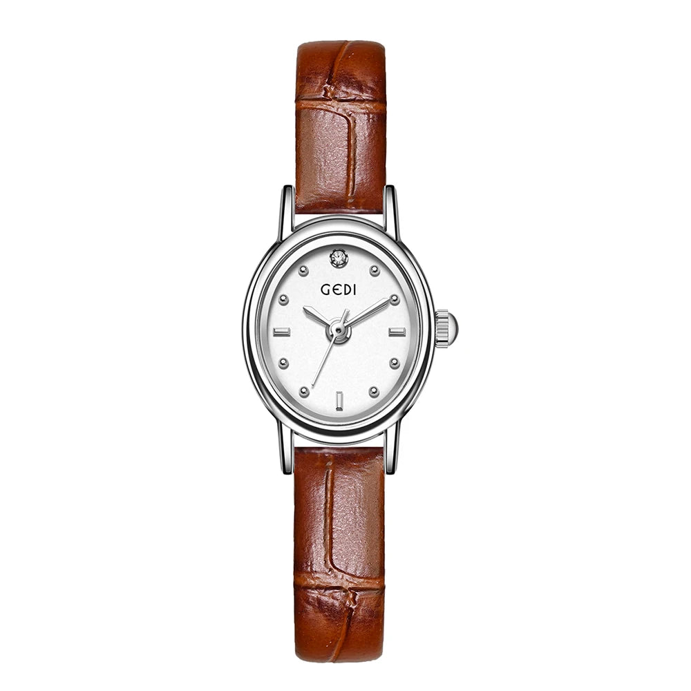 GEDI Vintage Small Watch Woman Elegant Oval Leather Strap Quartz Ladies Watches Wristwatch Waterproof Fashionable