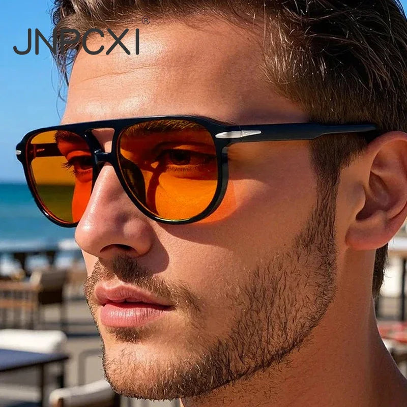 JNPCXI Retro Double Bridges Pilot Men Rivets Sunglasses UV400 Fashion Women Luxury Sun Glasses Black Orange Shades