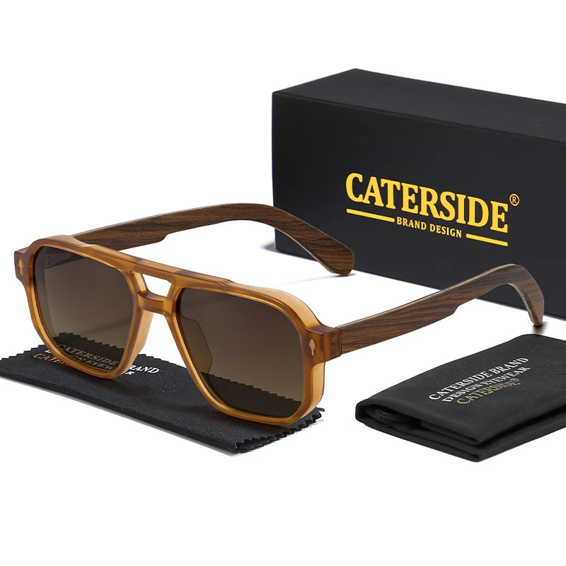 CATERSIDE Men's Polarized Pilot Sunglasses UV400 Premium Tr Frame & Wood Temple Retro Square Sun Glasses for Driving Fishing