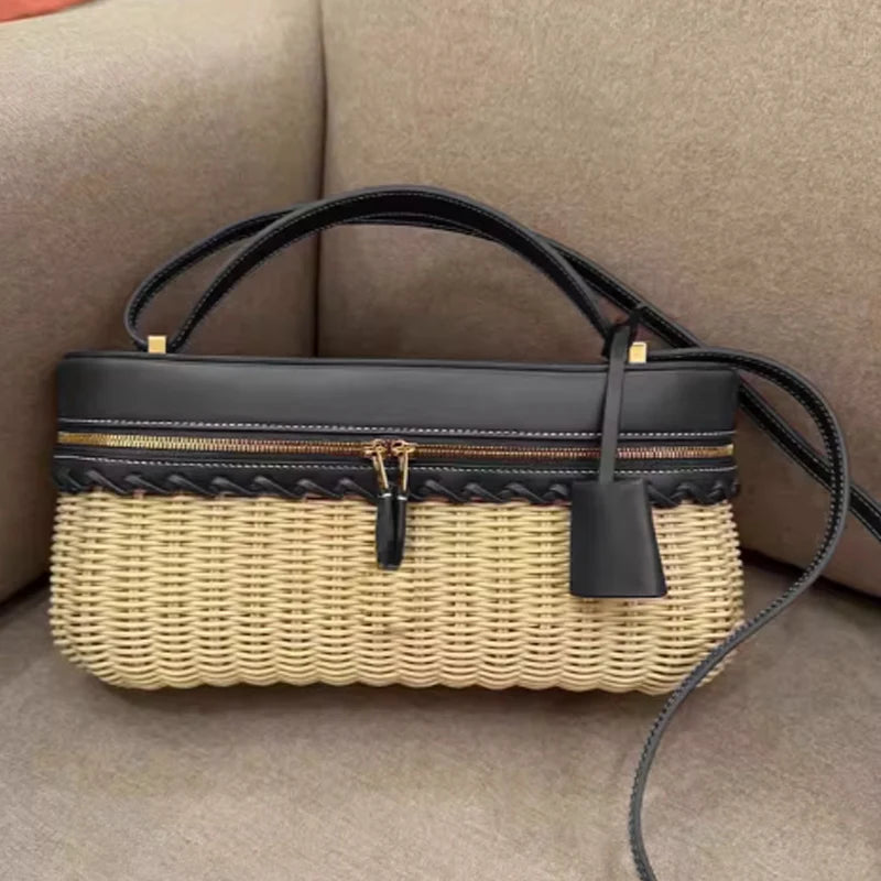 New Casual Straw Box Bag Large Capacity PU Leather Trendy Crossbody Bag Versatile Handbag Travel Bag