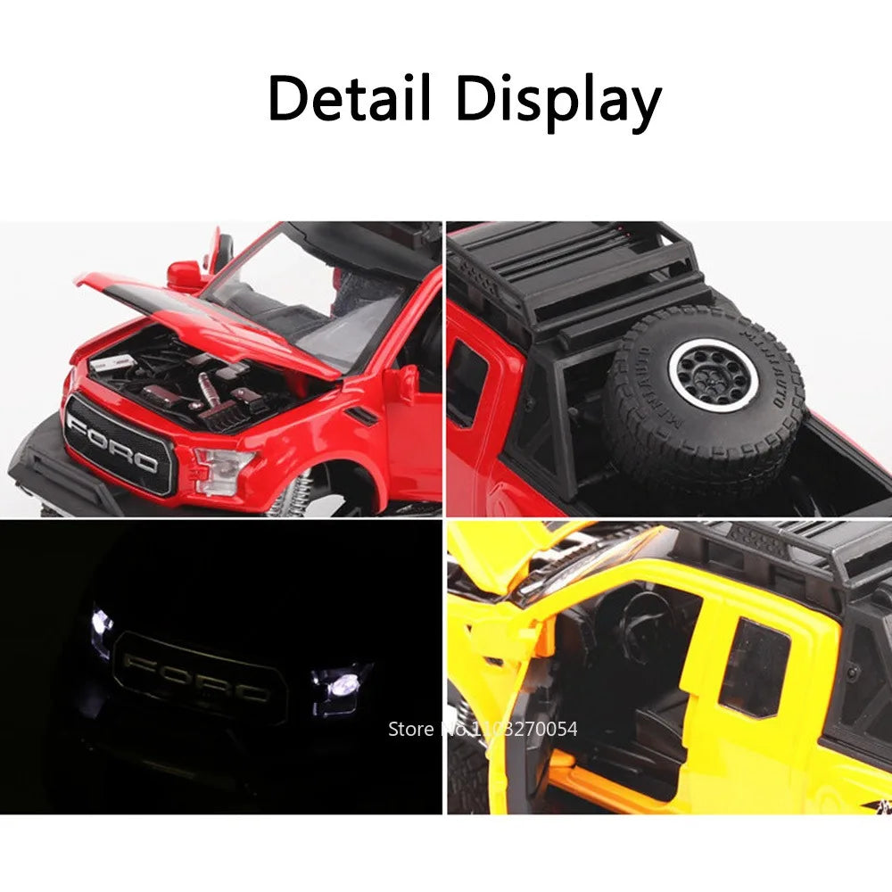 Scale 1/32 Raptor F150 Cars Model Toys Diecast Alloy Pickup Metal Body Rubber Tires with Sound Light Vehicles Toy Gifts for Kids