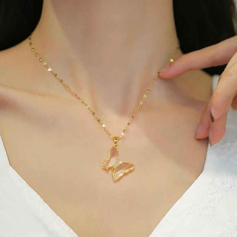 Stainless Steel Butterfly Zircon Pendant Necklace For Women Girls Fashion Persoanlity Clavicle Chain Choker Jewelry Gift Bijoux