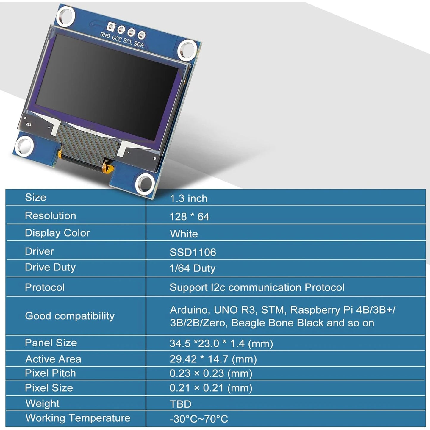 1.3 Inch OLED Display Module 128x64 Pixel IIC I2C OLED Screen CH1116 Driver Self-Luminous Display Board for Arduino Raspberry Pi
