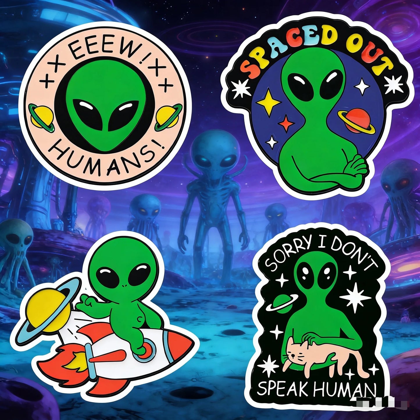 4PCS ET Alien Enamel Pin UFO We Come To Party Save A Horse Ride A Cow Funny Cowboy Western Brooches Lapel Backpack Badge Jewelry