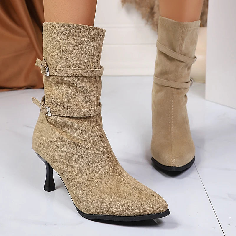 Pointed Toe High Heel Ankle Boots Women Fashion Buckle Decor Stiletto Heel Boots Woman Autumn Winter Slip On Short Booties Mujer