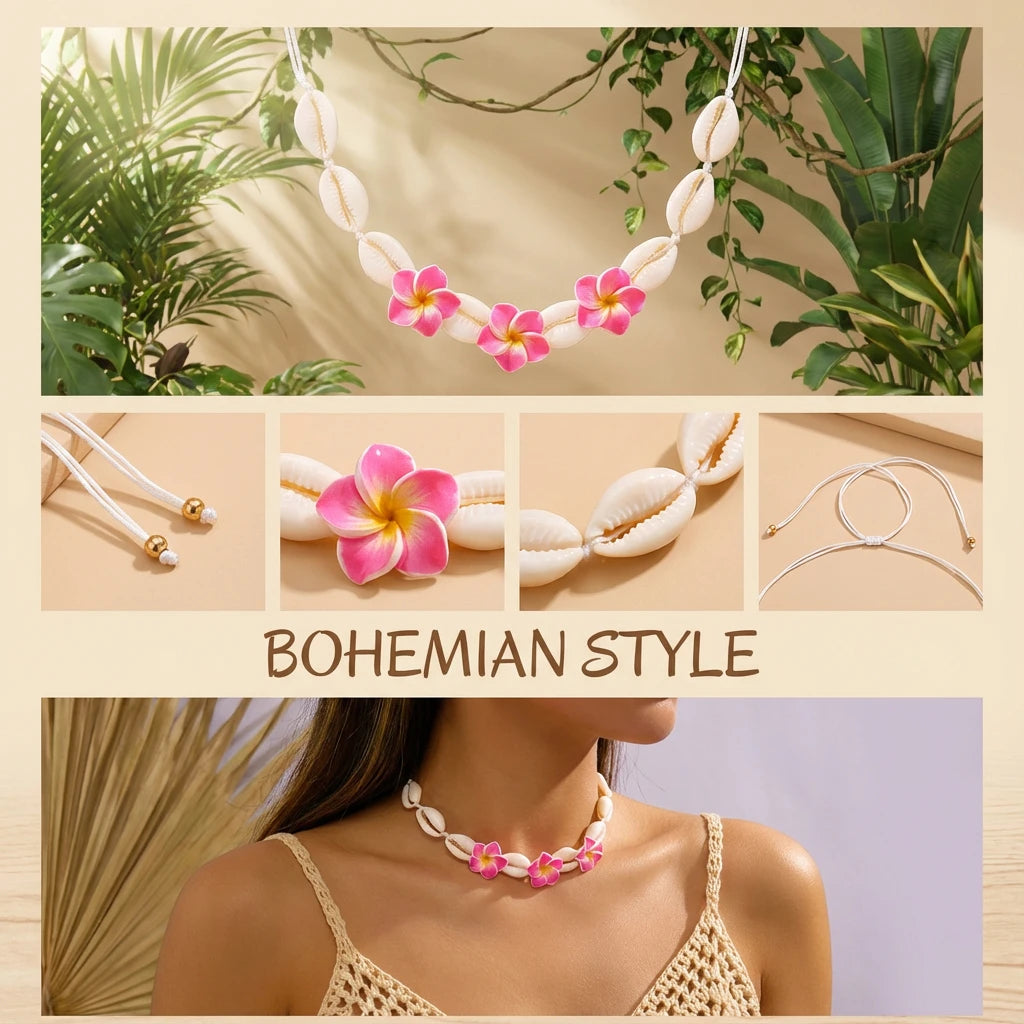 Bohemian Cowrie Shell Necklace Y2K Aesthetic Pink Plumeria Flowers Summer Beach Choker for Women Hawaiian Vacation Jewelry Gift