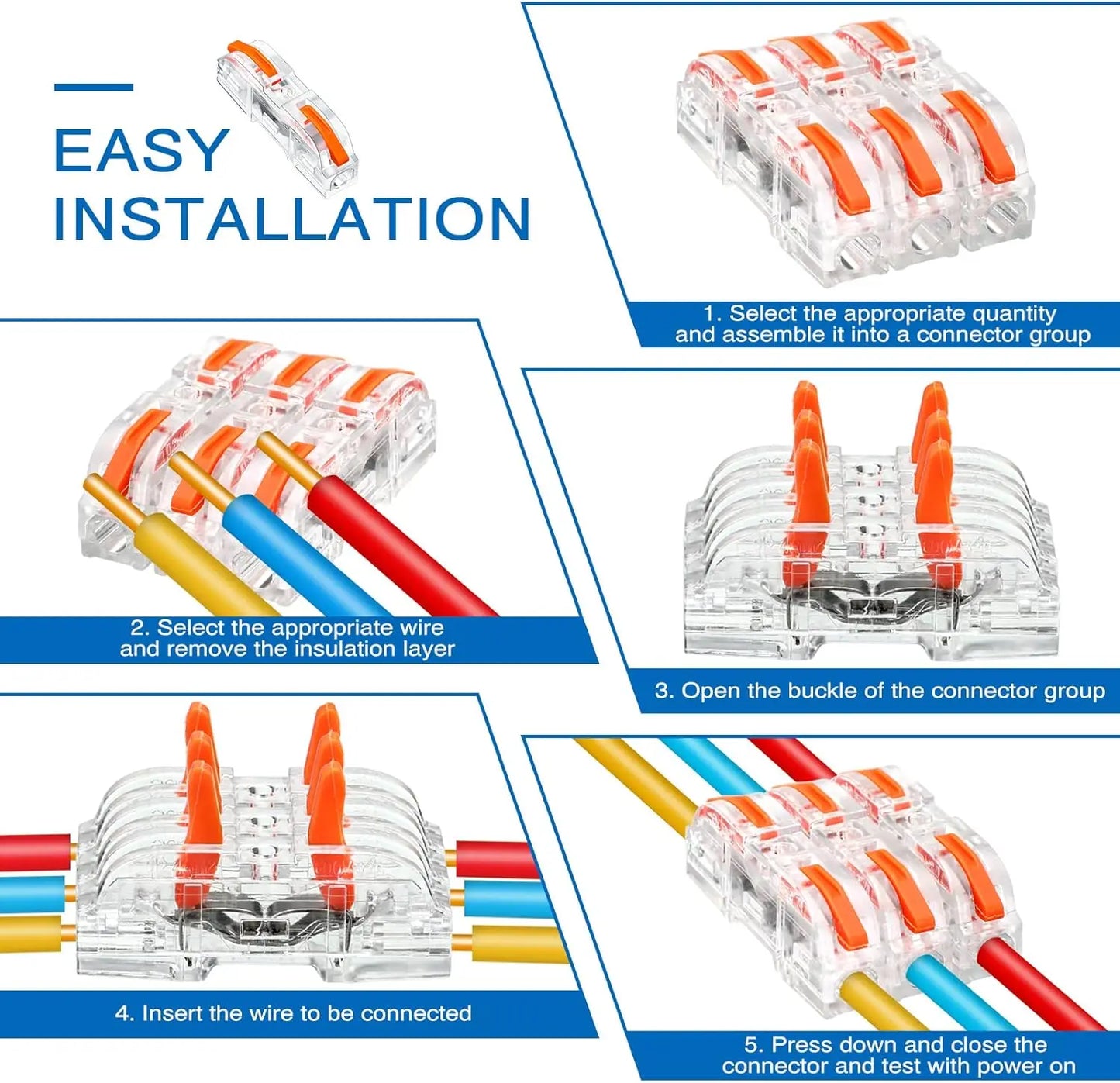 100 Pcs Wire Connectors 1 to 1 Inline Wire Compact Splicing Electrical Connectors 1 Conductor Lever for Quick Wiring Circuit