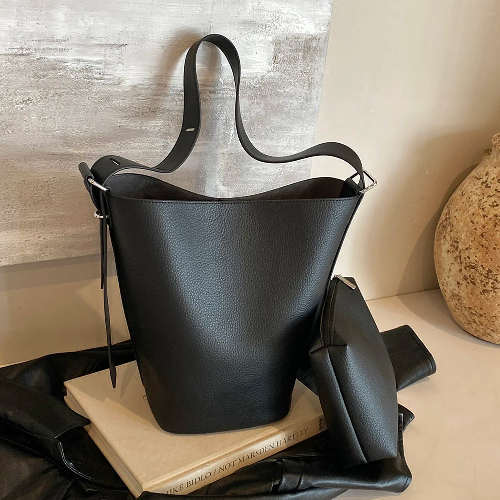 Women Bucket Bag Adjustable Strap Shoulder Bag Leather InnerPocket Crossbody Bag