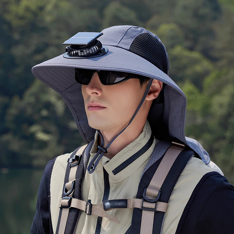 9217Ultra-wide brim sun hat, 1pc solar fan hat, waterproof bucket hat for fishing, hiking and camping