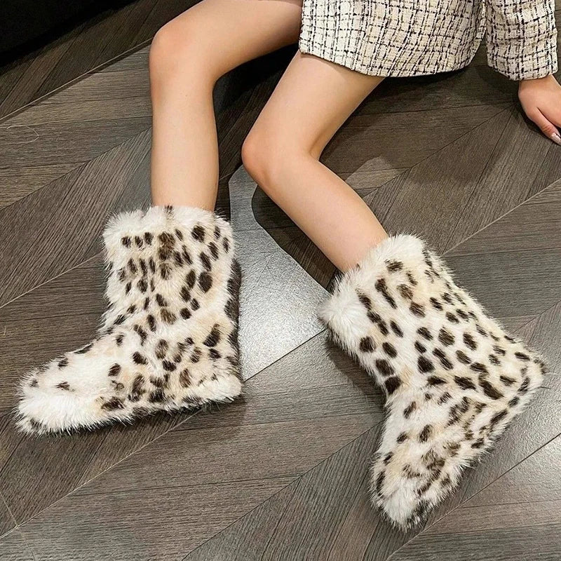 Fashion Leopard Fuzzy Faux Fur Snow Boots Women 2025 Slip On Anti Slip Winter Boots Woman Thick Sole Warm Plush Short Booties