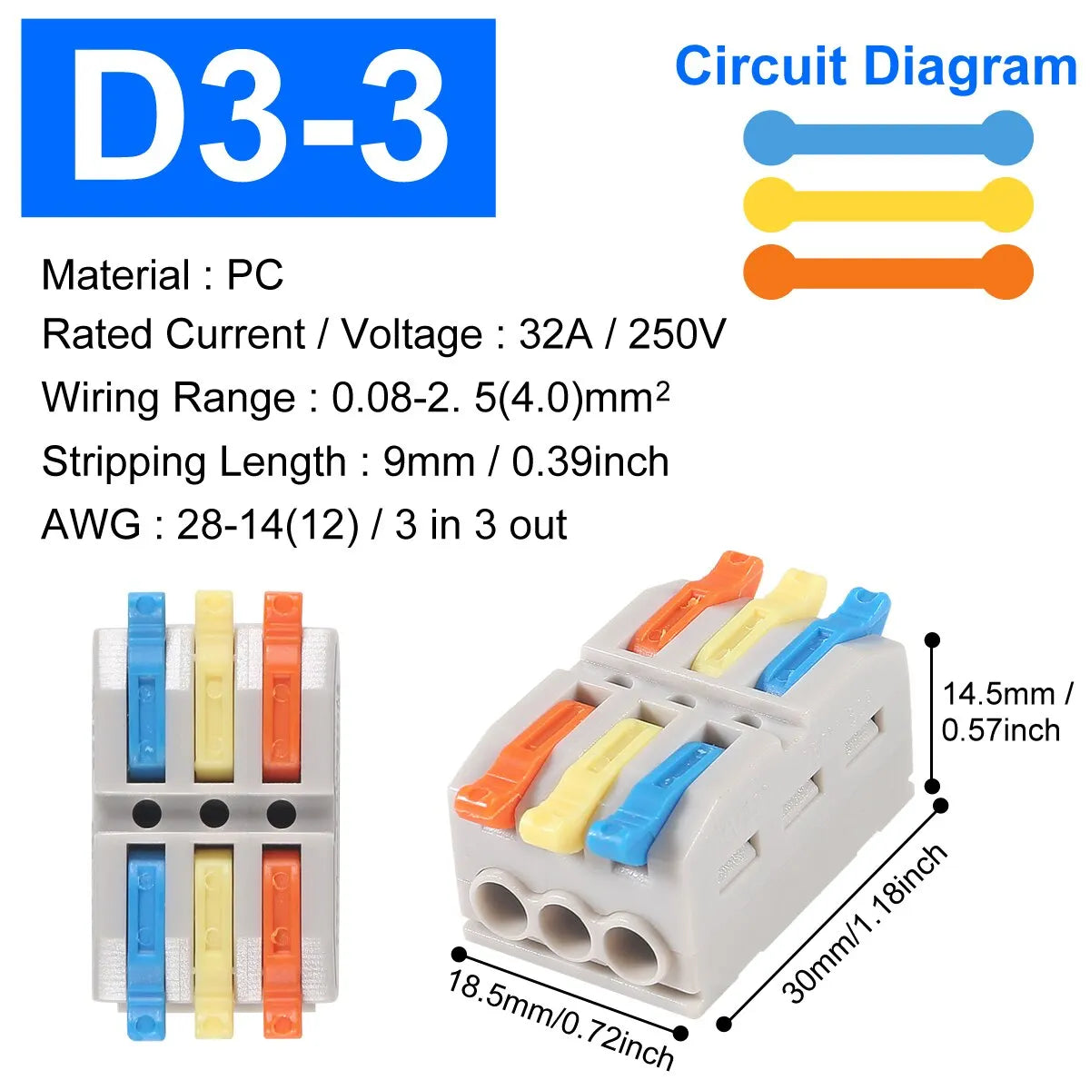 Mini Quick Wire Conductor Connector Universal Compact 2/3 Pin Splicing Push-inTerminal Block 1 in Multiple out with Fixing Hole