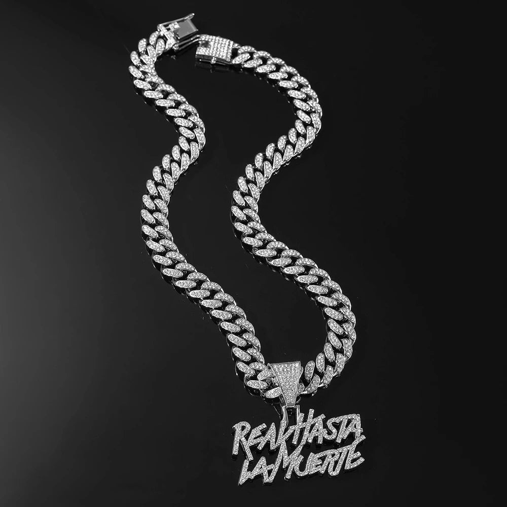 Men Hip Hop Double Row Spliced Letters Pendant Necklace with 13mm Cuban Chain Hiphop Iced out Necklace Fashion Punk Jewelry Gift