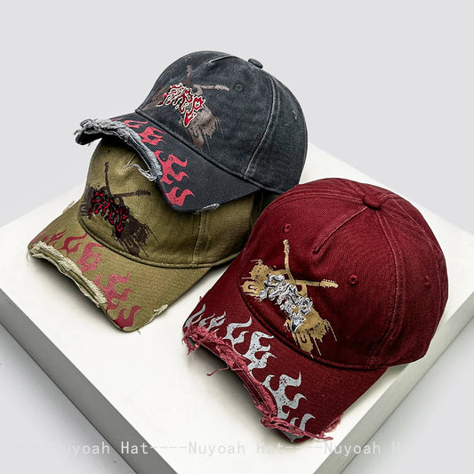 New Men Women Niche Street Embroidered Letters Flame Flag Baseball Hats Sunshade Broken Eave Versatile Peaked Caps Fashion Retro