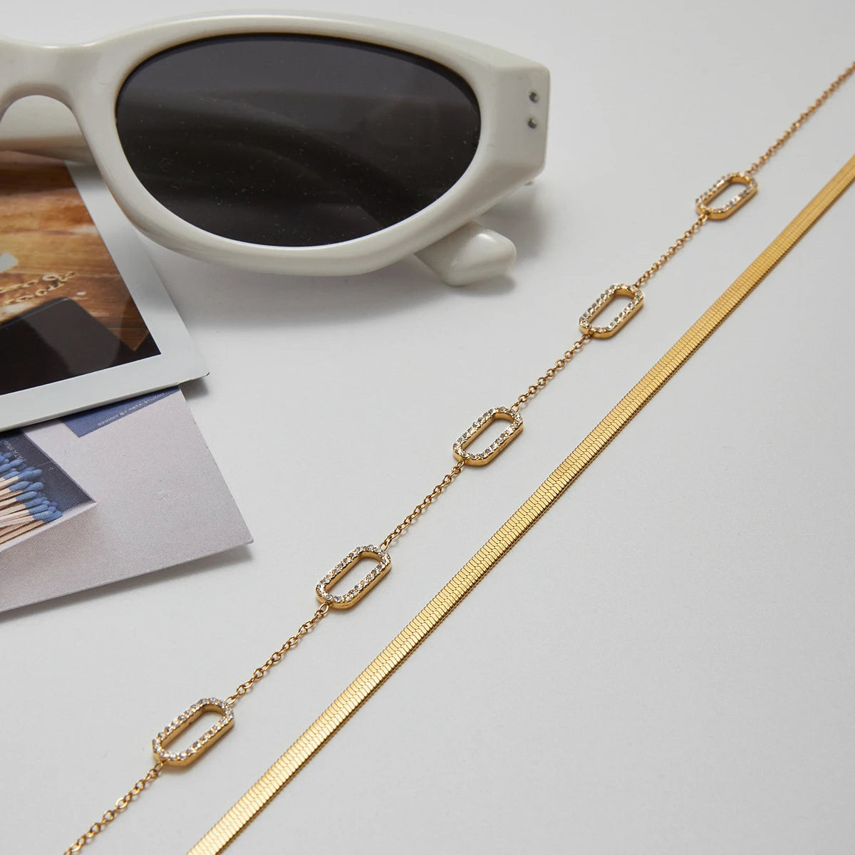 Uworld Simple Classic Rhinestone Geometric Pendant Necklace 18K Gold Color Plated Stainless Steel Serpentine Chain Stackable Nec