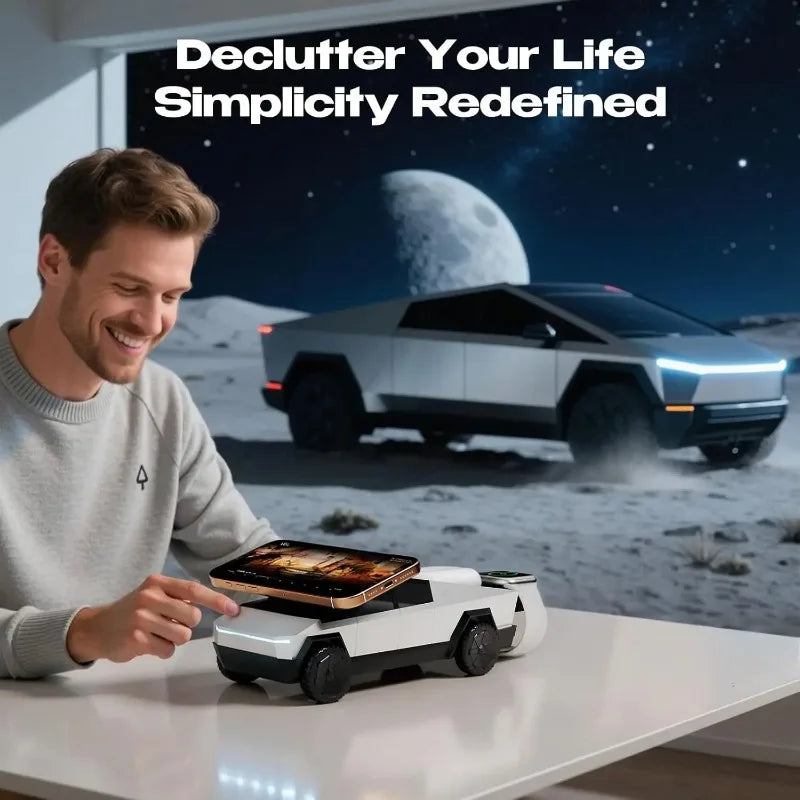 3 in 1 Magnetic Fast Wireless Charger Desktop Cybertruck Phone Stand For IPhone 17 16 Pro Max Apple & Samsung Watch Airpods Pro