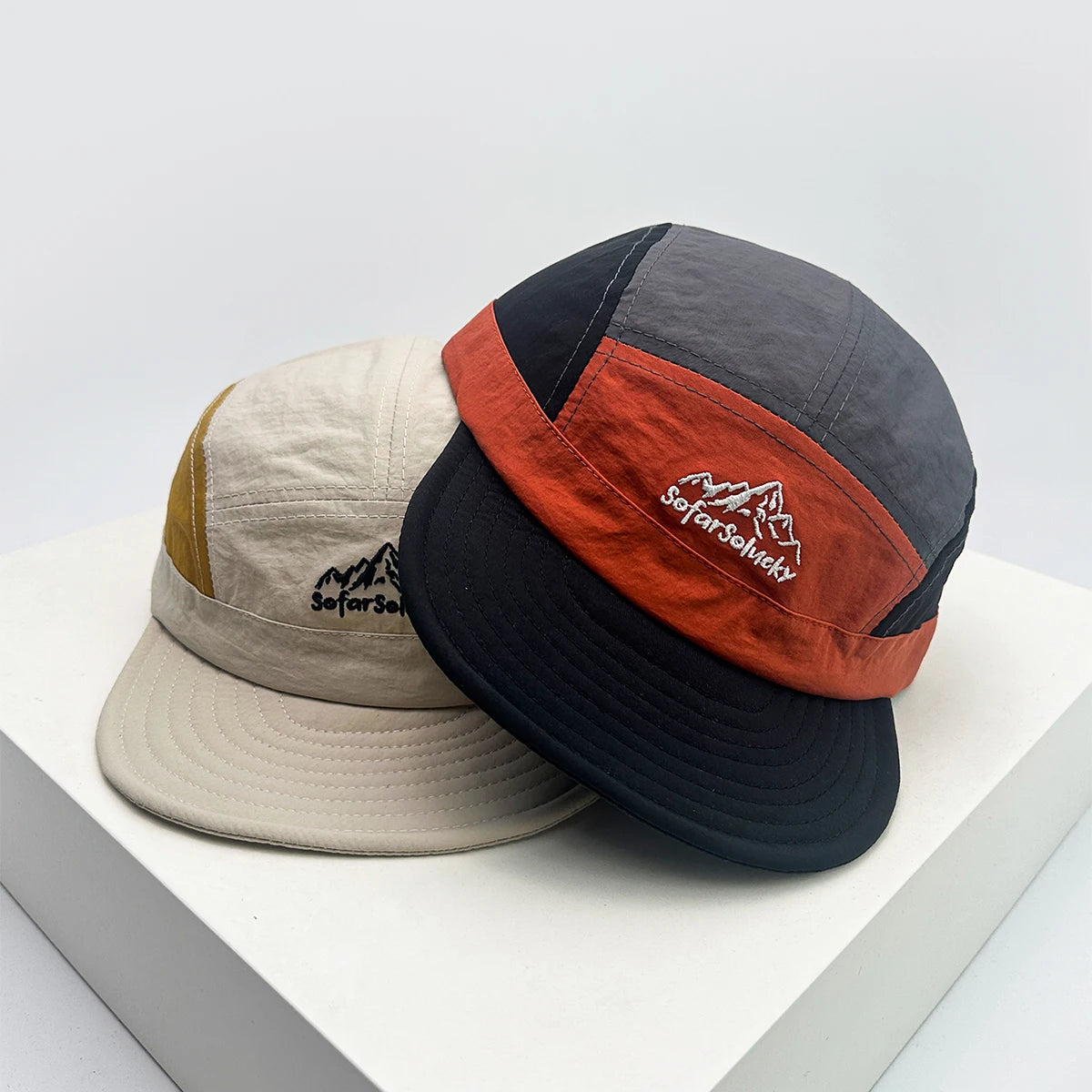 New Unisex Flat Eave Letter Mountain Embroidery Baseball Hats Breathable Color Block Sunshade Quick Drying Peaked Caps Versatile