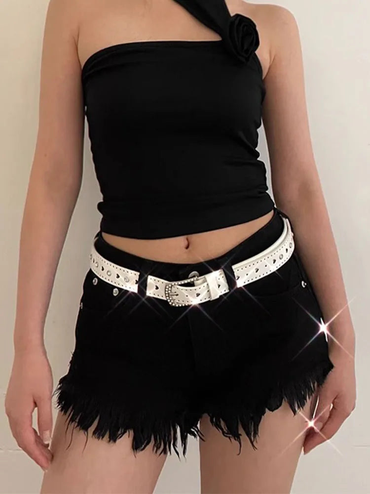 White Y2K Belt Female Rhinestone Pink Lovely New Millennium Spice Girl Belt Tie-In Korean Version Decoration Trend
