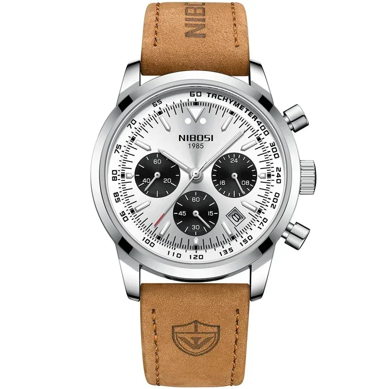 NIBOSI Men Watch Luxury Sports Waterproof Leather Clock Chronograph Watches 2