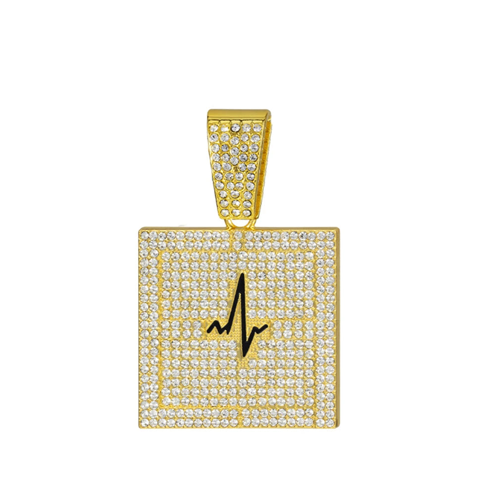 Hip Hop Electrocardiogram Lifeline Geometric Pendant Necklace With 13mm Box Buckle Cuban Chain Necklaces Fashion Jewelry For Men