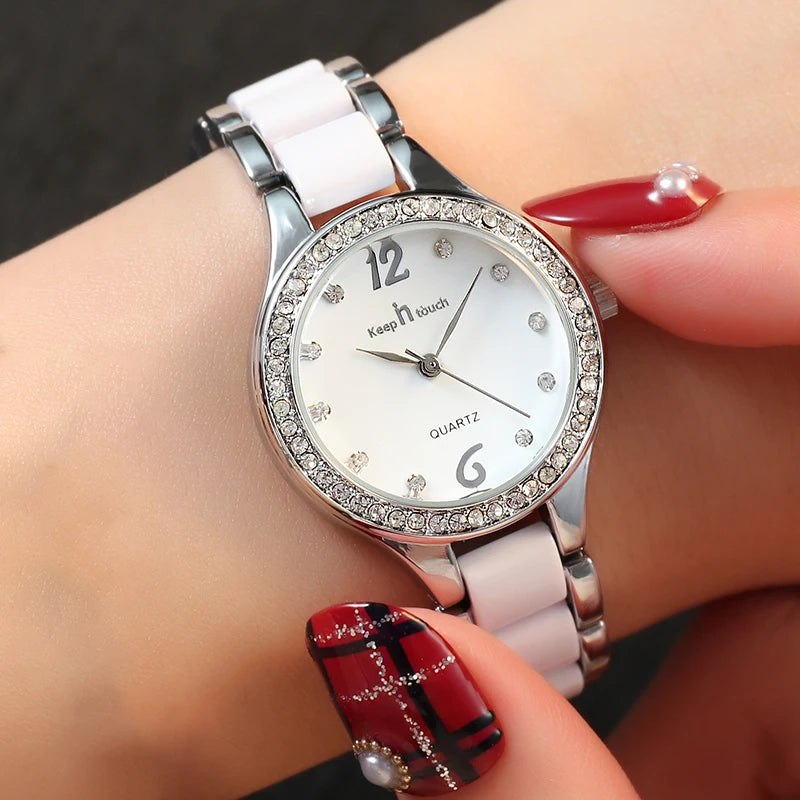 Round Dial Diamond Ladies Watch Waterproof Fashion Women's Watches Alloy Ceramic Quartz Women Wristwatches