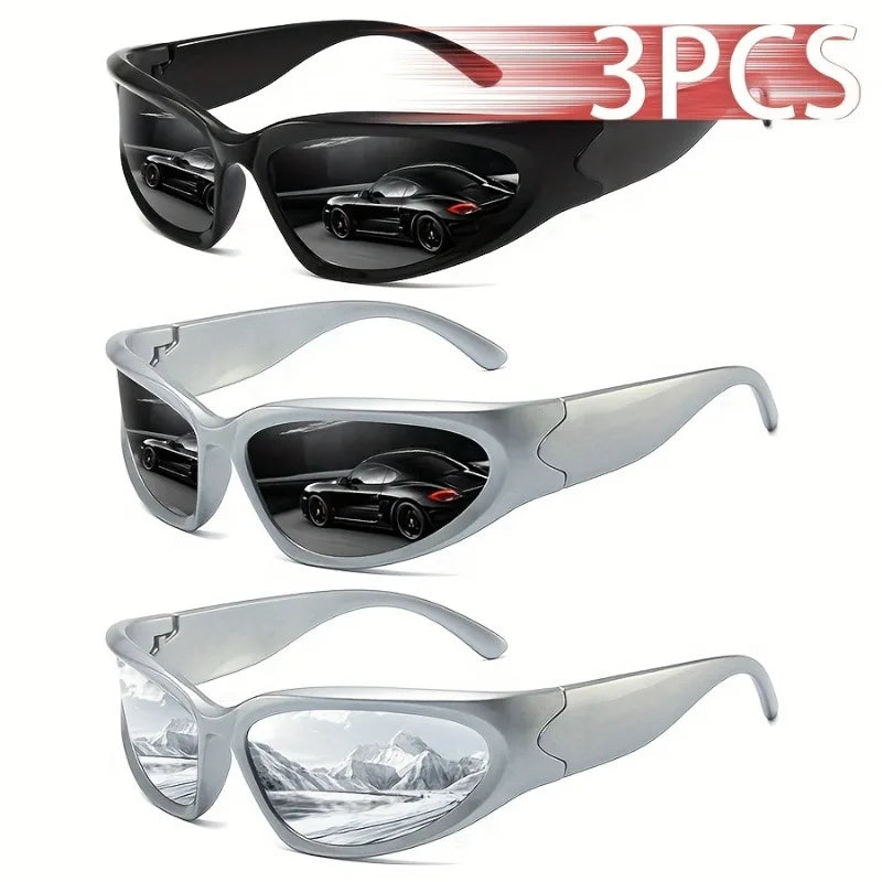 3pcs Y2K style unisex sports glasses, stylish future themed PC frame and lenses suitable for driving and activities