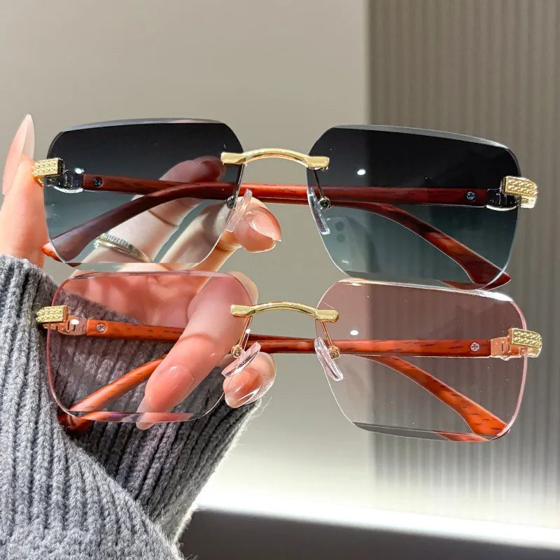 Fashionable Frameless Sunglasses with Ocean Panels, Trimmed Wood Grain, Leg Frames, Retro Men's and Women's Sunglasses