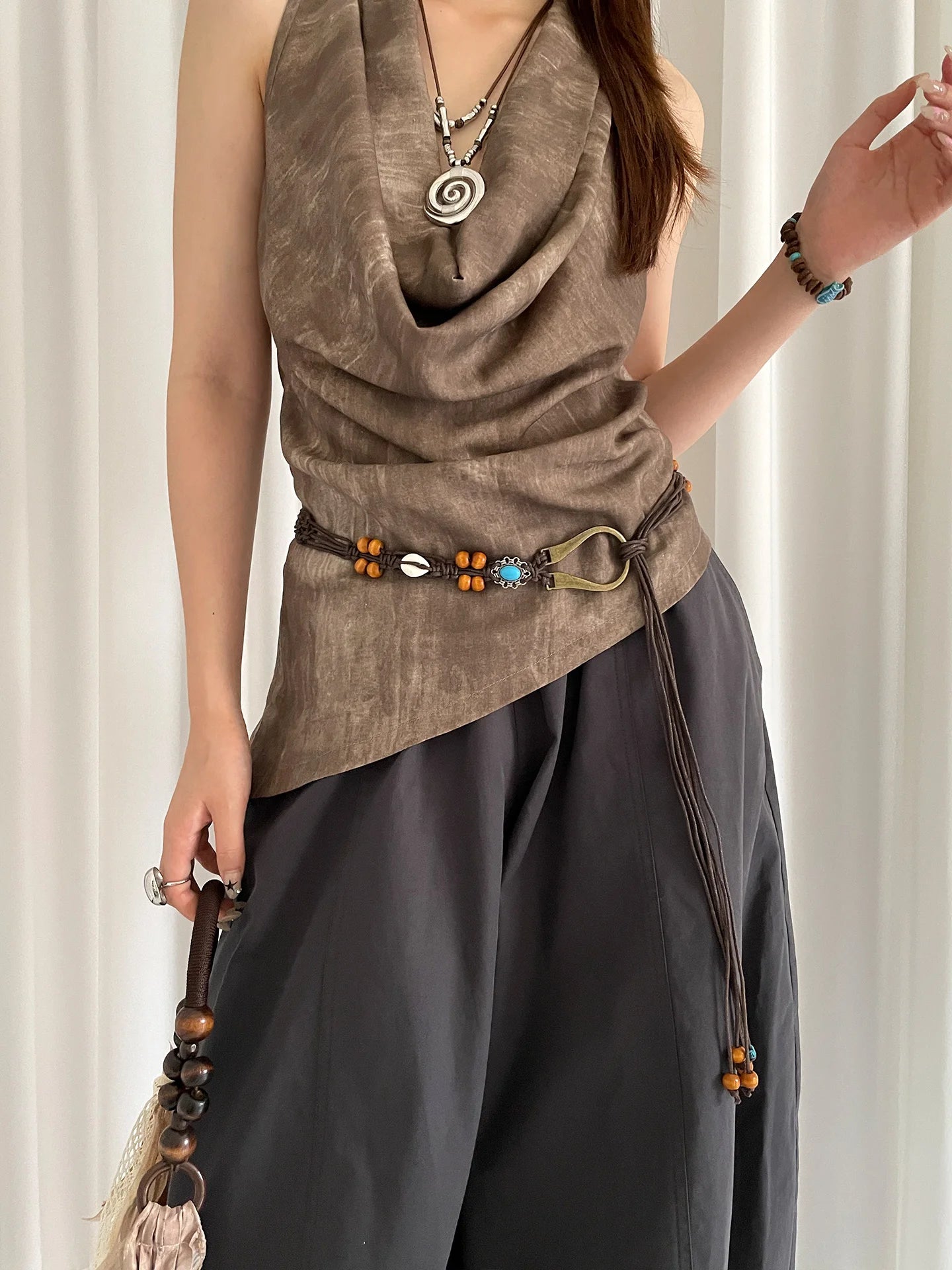 Bohemian Woven Shell Beads Brown Waist Rope Female Minority Retro Ethnic Style With Skirt Thin Waist Belt Accessory