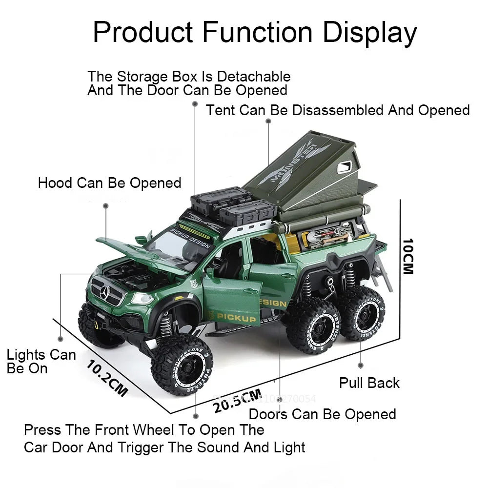 1:28 X-Class 6X6 Alloy Camping Car Model Toys Diecast Pickup Doors Opened with Sound Light Pull Back Vehices Boy's Birthday Gift