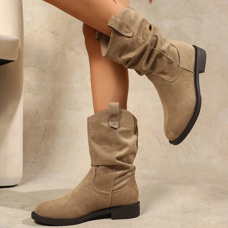 Autumn Winter Low Heel Mid Calf Boots Women 2025 Plus Size Slip On Western Boots Woman Vintage Pleated Design Flock Botas Mujer