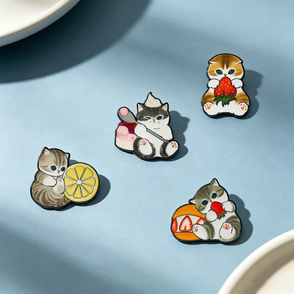 4 pcs Cat Fruit Enamel Pins  Lemon  Brooch Badge Cartoon Animal Jewelry Gift for Children Friends