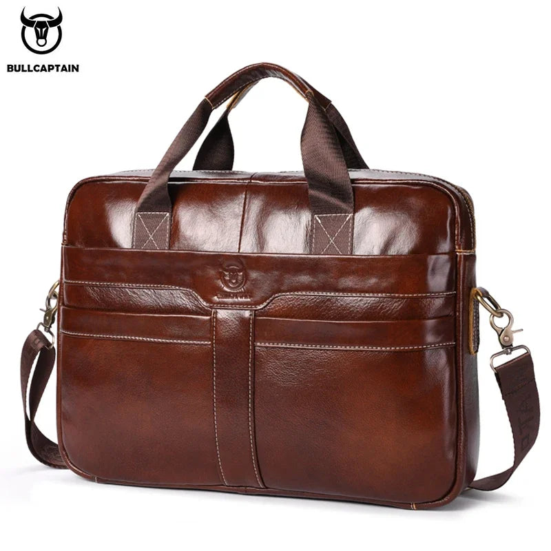 BULLCAPTAIN Leather Laptop Bag, Top Layer Leather 15" Laptop Bag Men's Laptop Briefcase Briefcase Work Business Travel Bag 053