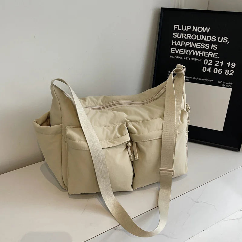 White Casual Work Style Waterproof Nylon Crossbody Shoulder Bag W/Large Capacity