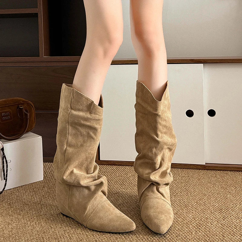 Khaki Faux Suede Mid Calf Boots for Women 2025 Fashion Pointed Toe Pleated Western Boots Woman Slip On Autumn Winter Booties