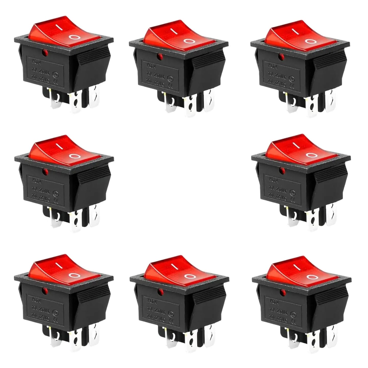 8pcs KCD4 Rocker Switches DPST 4-Pin, 16A 250V AC/125V, 40A 12V DC - Red Lighted ON/Off Toggle Heavy Duty for Boats, Heat Presse