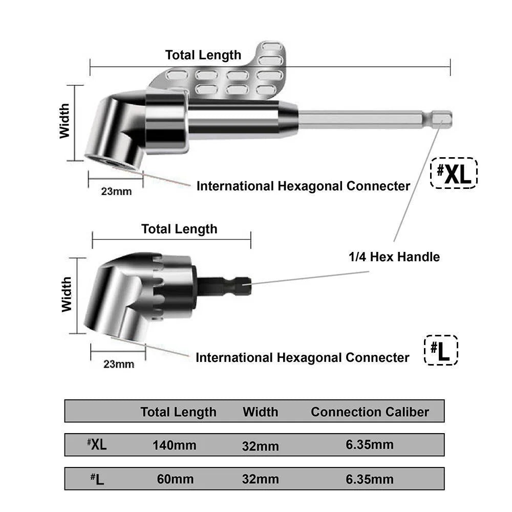105 Degrees 1/4\ Extension Hex Drill Bit Adjustable Hex Bit Angle Driver Screwdriver Socket Holder Adaptor Tools, L / XL