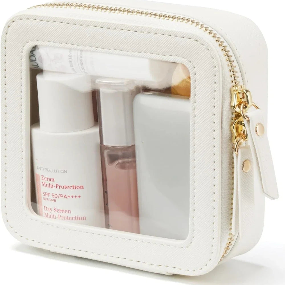 Mini Clear Makeup Bag Pu Saffiano Vegan Faux Leather Cute Small Visible Window Storage Lipsticks Cosmetics Case for Purse Pouch