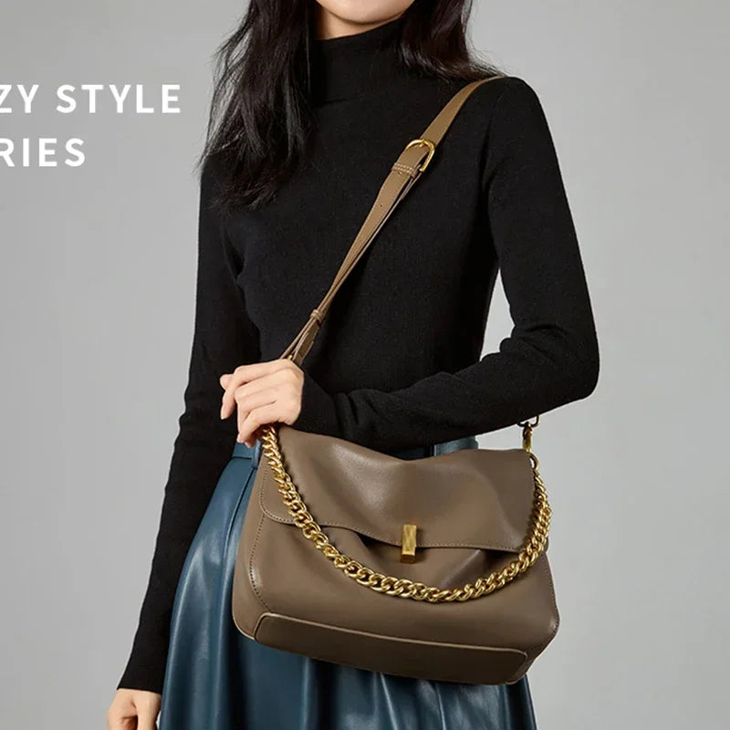 2025 New Genuine Cow Leather Shoulder Chain Bag For Women Large Capacity Crossbody Handbag Messenger Tote Bag Luxury  Handbags
