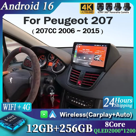 For Peugeot 207 2006 - 2015 Android 15 12+256GB CarPlay Auto Car Radio Multimedia Video Player GPS stereo Head Unit 4G WIFI RDS