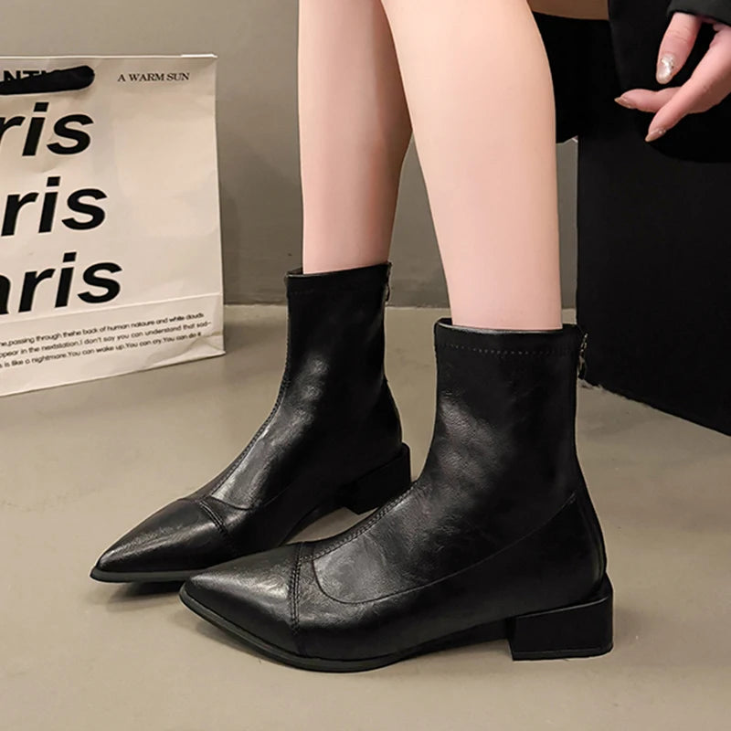 Brand Design Pointed Toe Ankle Boots Women Fashion Thick Heels Pu Leather Boots Woman Plus Size Zipper Block Heel Short Booties