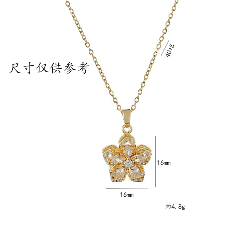 Light Luxury Rotating Flower Pendant Necklace for Women Fashion Zircon Flower Choker Stainless Steel Clavicle Chain Jewelry Gift