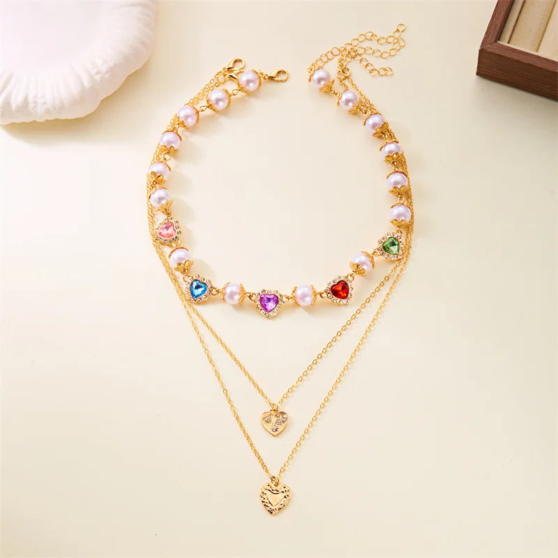 Elegant Imitation Pearl Beads Chain Necklace for Women Collar Wed Bridal Luxury Rhinestone Heart Choker Party Jewelry Gifts