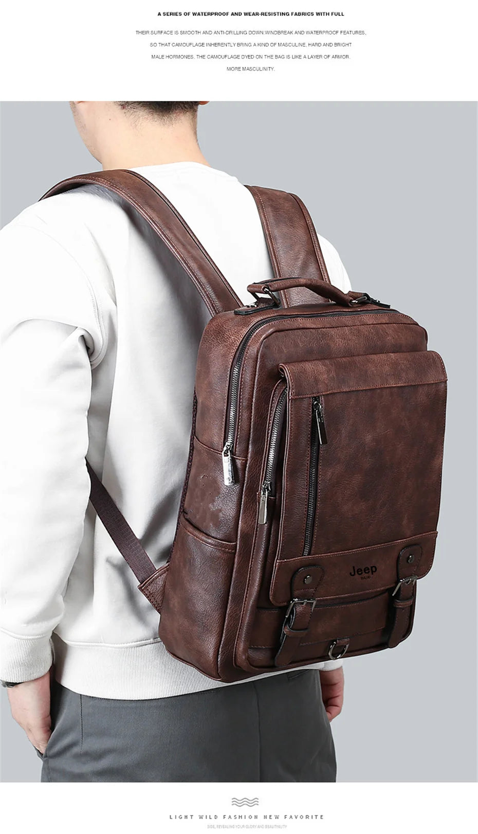 JEEP BULUO Leather Men Backpack Business 15.6" PC Bag Large Capacity Travel Bag