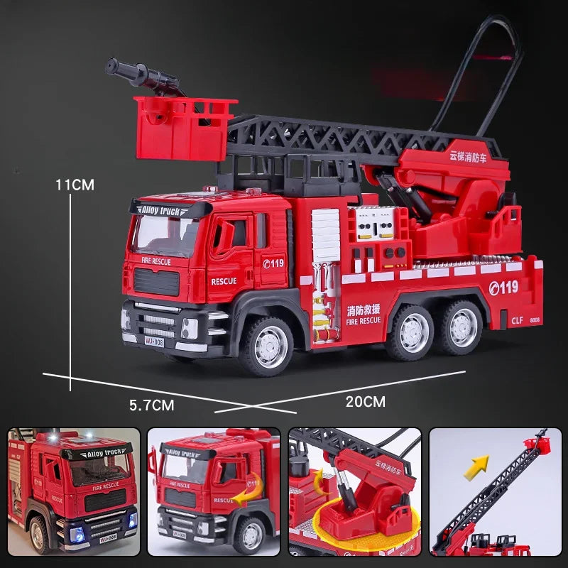 1/32 Ladder Water Fire Truck Model Car Toys Diecast Alloy Engineering Vehicle Doors Opened Sound Light Toy Birthday Gift for Kid