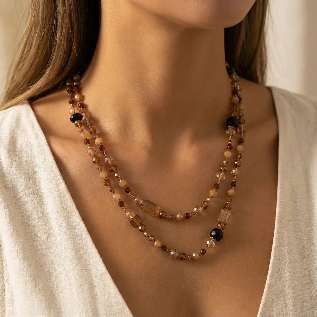Vintage Crystal Beads Layered Necklace for Women Bohemian Irregular Beaded Necklace Long Stacked Neck Chain Jewelry Accessories