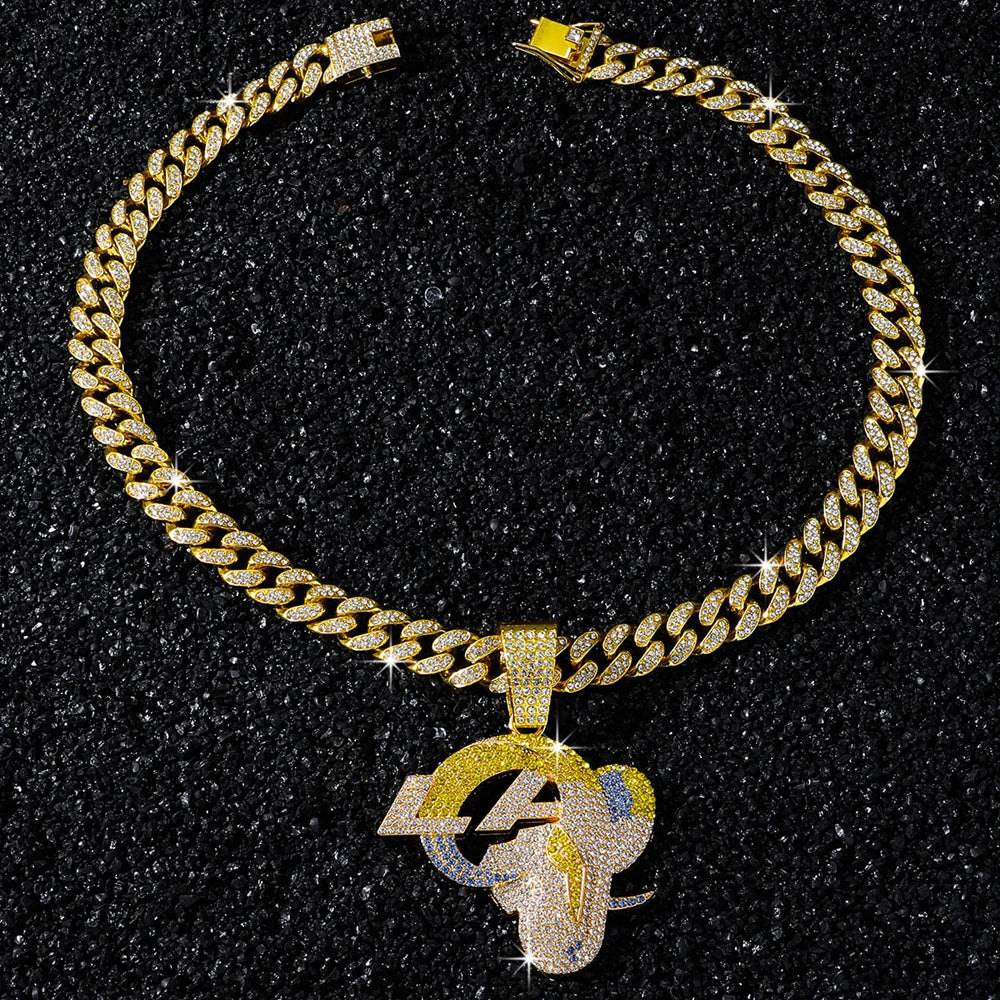 Men's Hip-Hop Personality LOGO Pendant with Cuban Link Chain Iced Out Bling Full Rhinestone Necklaces Fashion Punk Jewelry Gifts