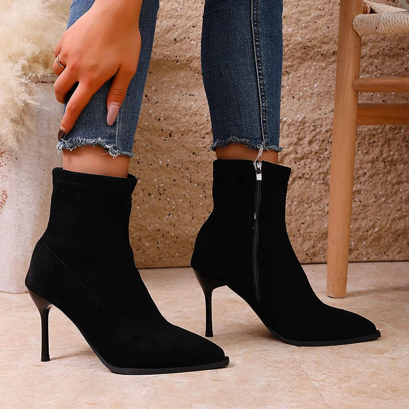 Faux Suede Stiletto Heel Ankle Boots Women Fashion Pointed Toe High Heeled Boots Woman Plus Size 42 Zippers Short Booties Mujer