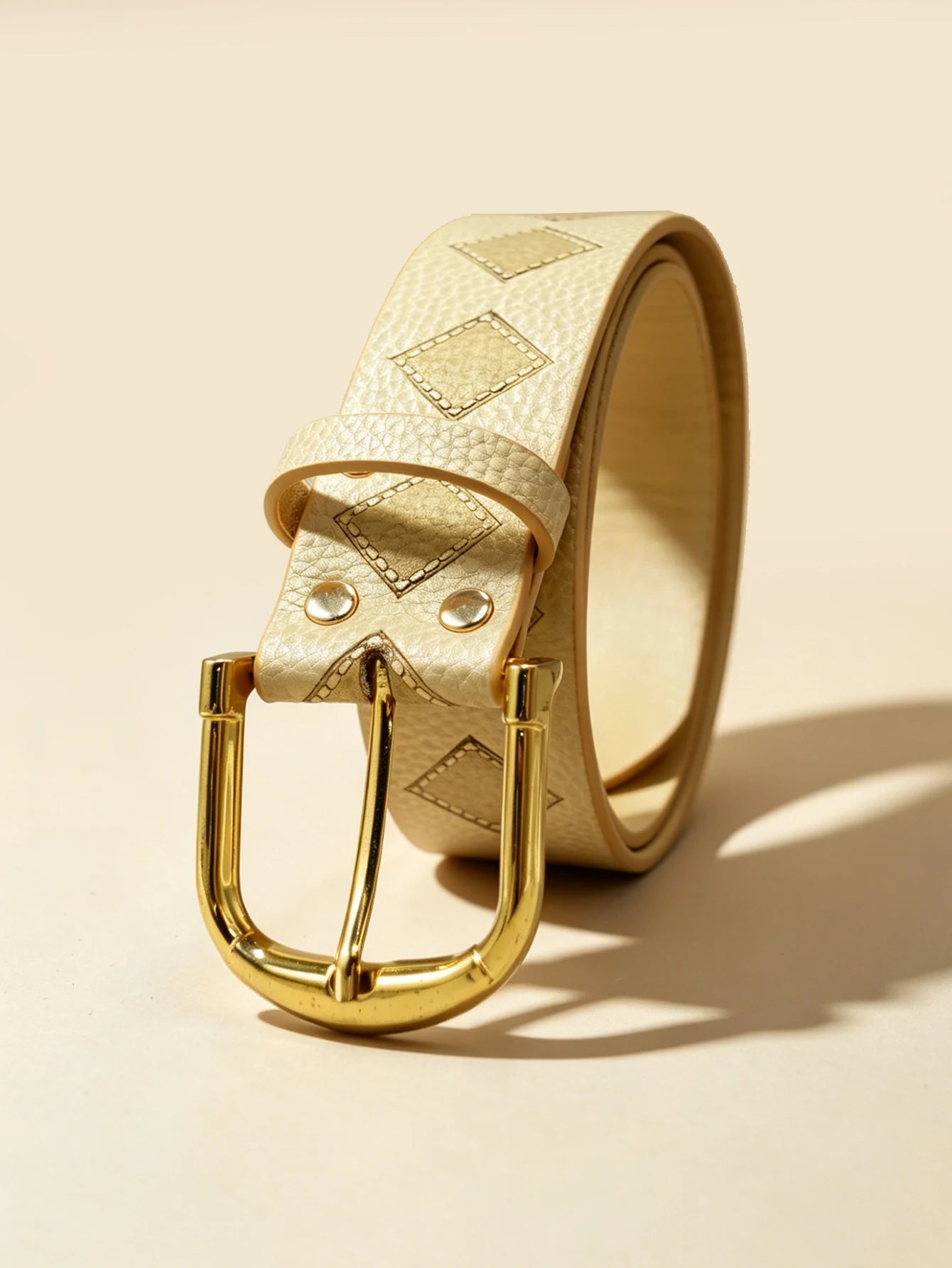 Beige Diamond Embossed Belt, Gold Pin Buckle Minimalist Versatile Women's Casual Waistband