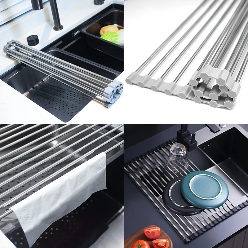 1pc Stainless Steel Kitchen Sink Drain Rack, Sink Bowl And Dish Storage Rack, Foldable Drain Basket, Portable, Easy to Clean