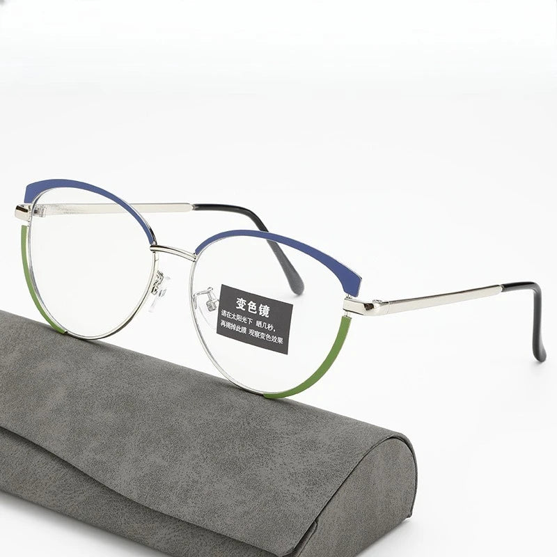 European and American glasses, metal cat eyes, color changing, anti blue light, fashionable and versatile trendy glasses